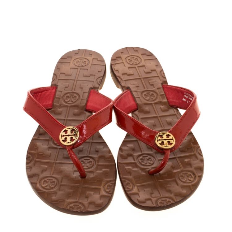 Pre Owned Tory Burch Red Patent Leather Thora Thong Flats Size 37