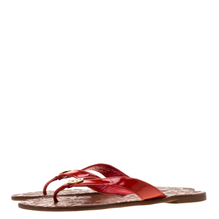 Pre Owned Tory Burch Red Patent Leather Thora Thong Flats Size 37