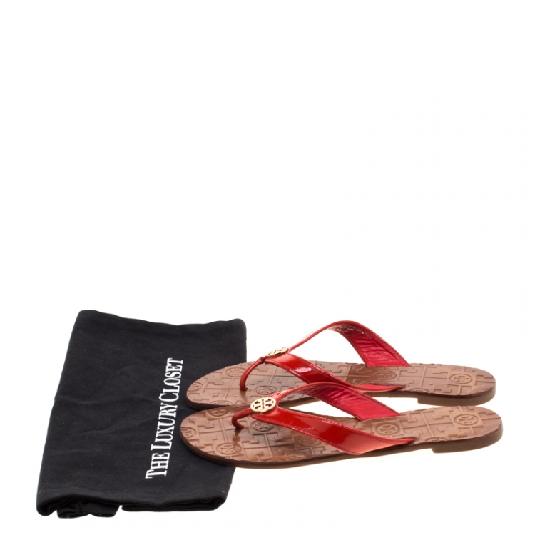 Pre Owned Tory Burch Red Patent Leather Thora Thong Flats Size 37