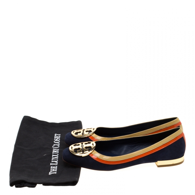 Pre Owned Tory Burch Tricolor Suede And Patent Leather Logo Square Toe Ballet Flats Size 38.5