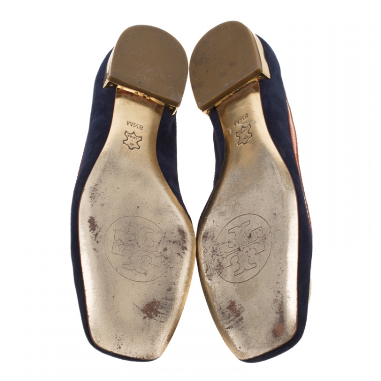 Pre Owned Tory Burch Tricolor Suede And Patent Leather Logo Square Toe Ballet Flats Size 38.5