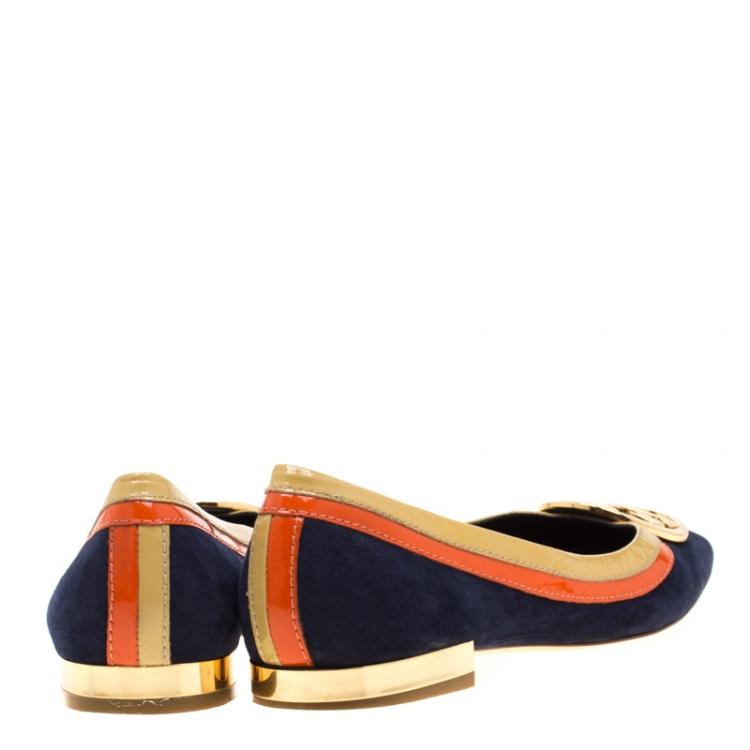 Pre Owned Tory Burch Tricolor Suede And Patent Leather Logo Square Toe Ballet Flats Size 38.5