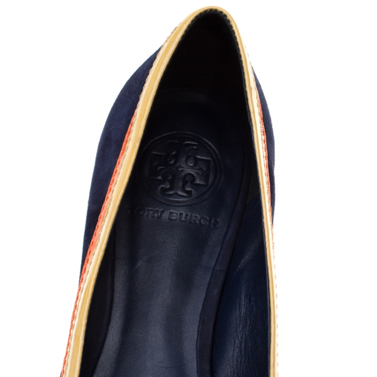 Pre Owned Tory Burch Tricolor Suede And Patent Leather Logo Square Toe Ballet Flats Size 38.5