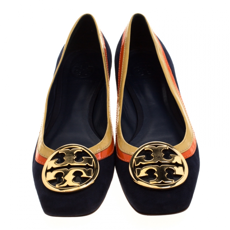 Pre Owned Tory Burch Tricolor Suede And Patent Leather Logo Square Toe Ballet Flats Size 38.5