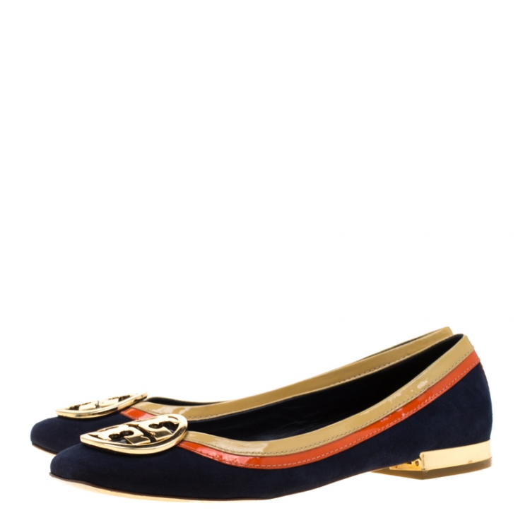 Pre Owned Tory Burch Tricolor Suede And Patent Leather Logo Square Toe Ballet Flats Size 38.5