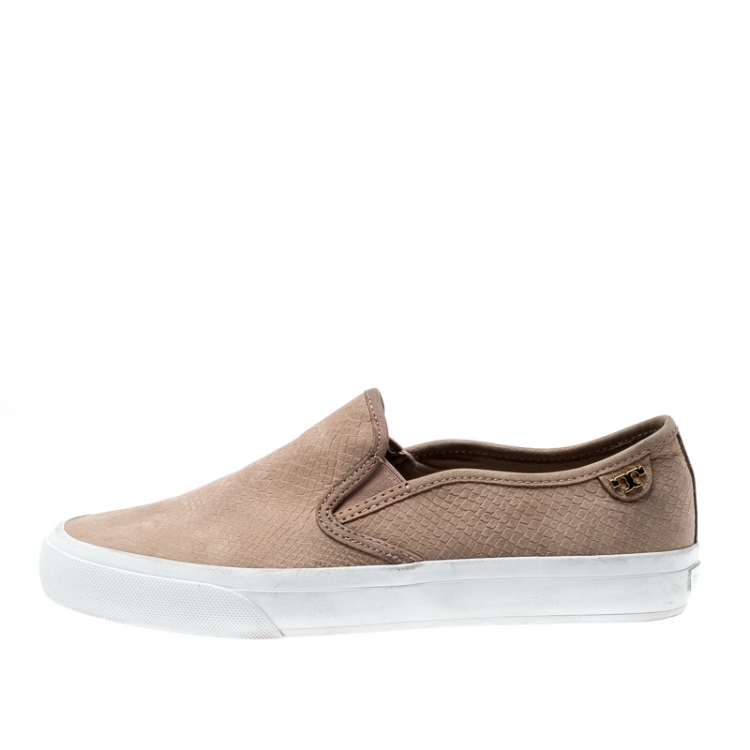 Pre Owned Tory Burch Beige Leather Floyd Slip On Sneakers Size 37
