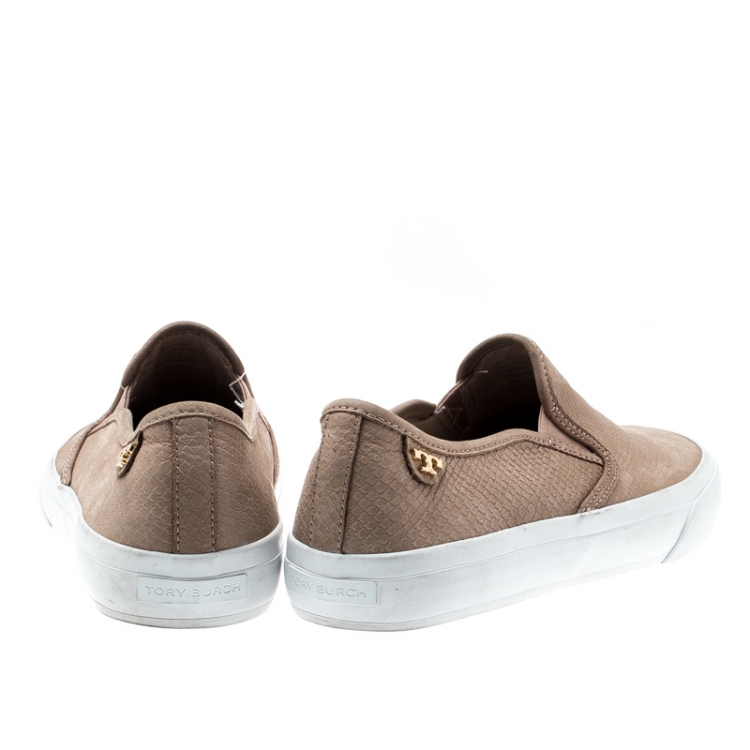 Pre Owned Tory Burch Beige Leather Floyd Slip On Sneakers Size 37