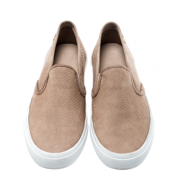 Pre Owned Tory Burch Beige Leather Floyd Slip On Sneakers Size 37