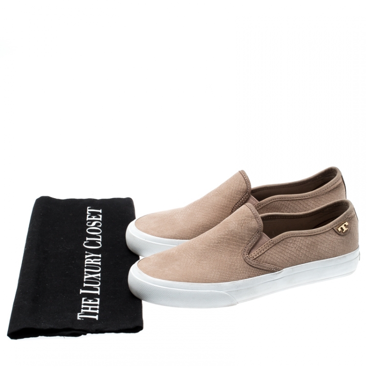 Pre Owned Tory Burch Beige Leather Floyd Slip On Sneakers Size 37