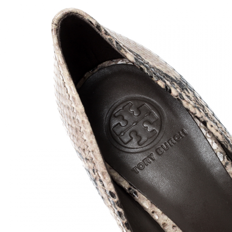 Pre Owned Tory Burch Python Embossed Peep Toe Wedge Pumps Size 39.5