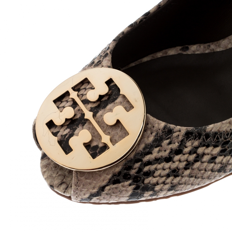 Pre Owned Tory Burch Python Embossed Peep Toe Wedge Pumps Size 39.5