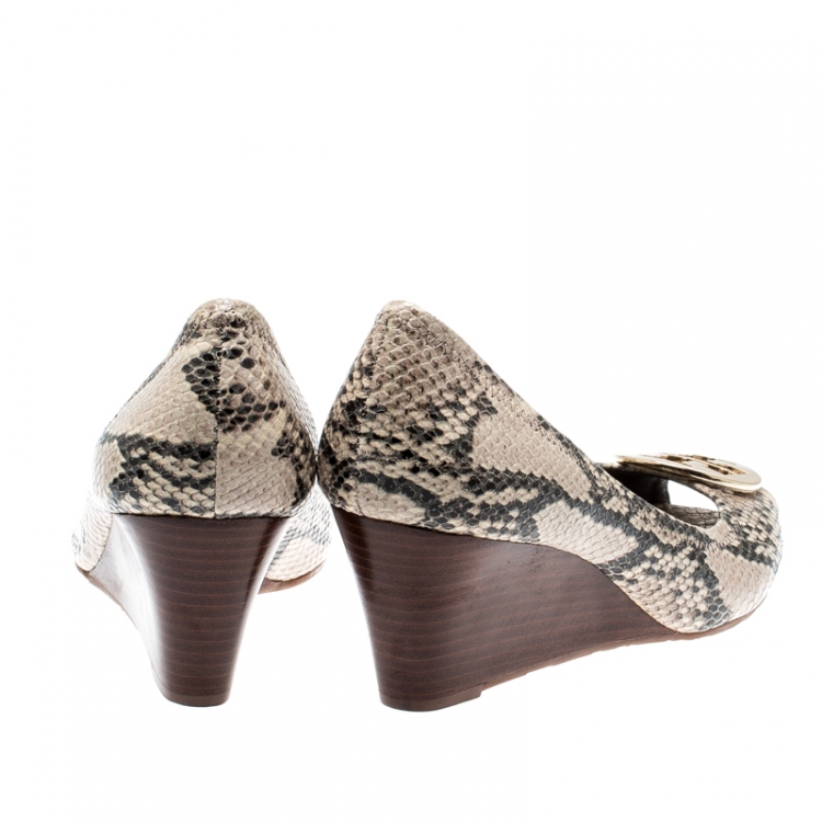 Pre Owned Tory Burch Python Embossed Peep Toe Wedge Pumps Size 39.5