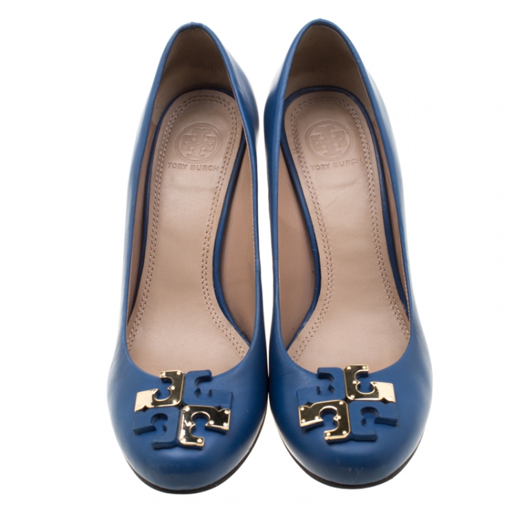 Pre Owned Tory Burch Blue Leather Lowell Wedge Pumps Size 38
