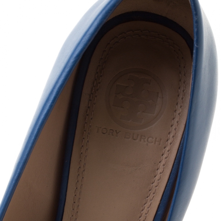Pre Owned Tory Burch Blue Leather Lowell Wedge Pumps Size 38