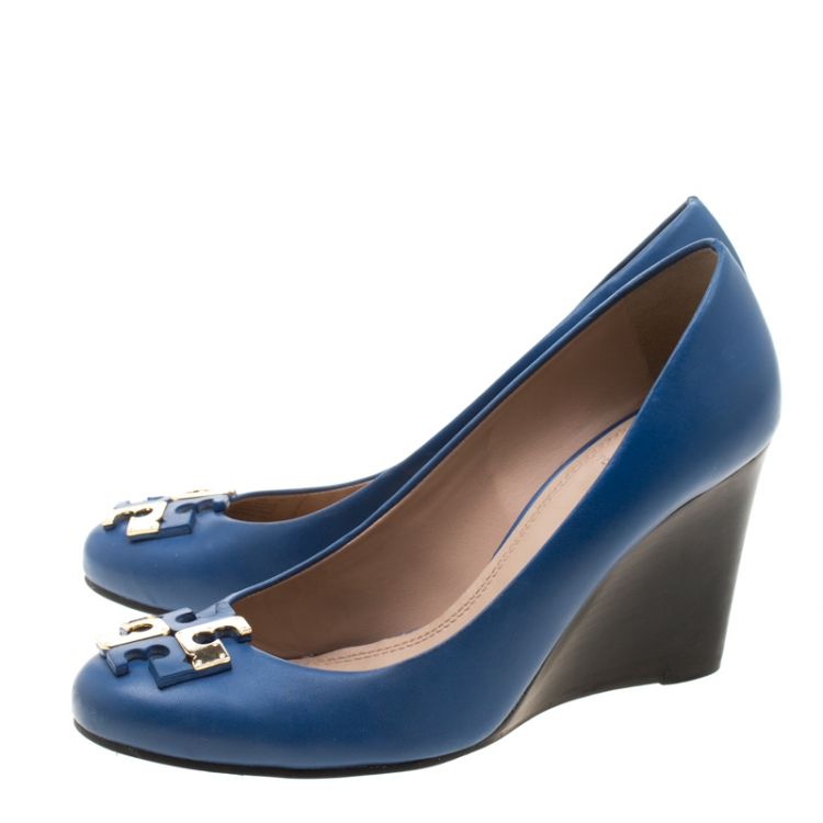 Pre Owned Tory Burch Blue Leather Lowell Wedge Pumps Size 38