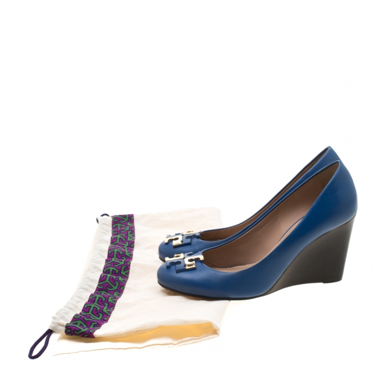 Pre Owned Tory Burch Blue Leather Lowell Wedge Pumps Size 38