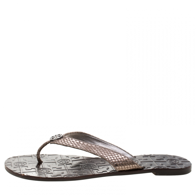 Tory Burch Metallic Grey Python Embossed Leather Thora Flat Thong Sandals  Size 39 Tory Burch | TLC