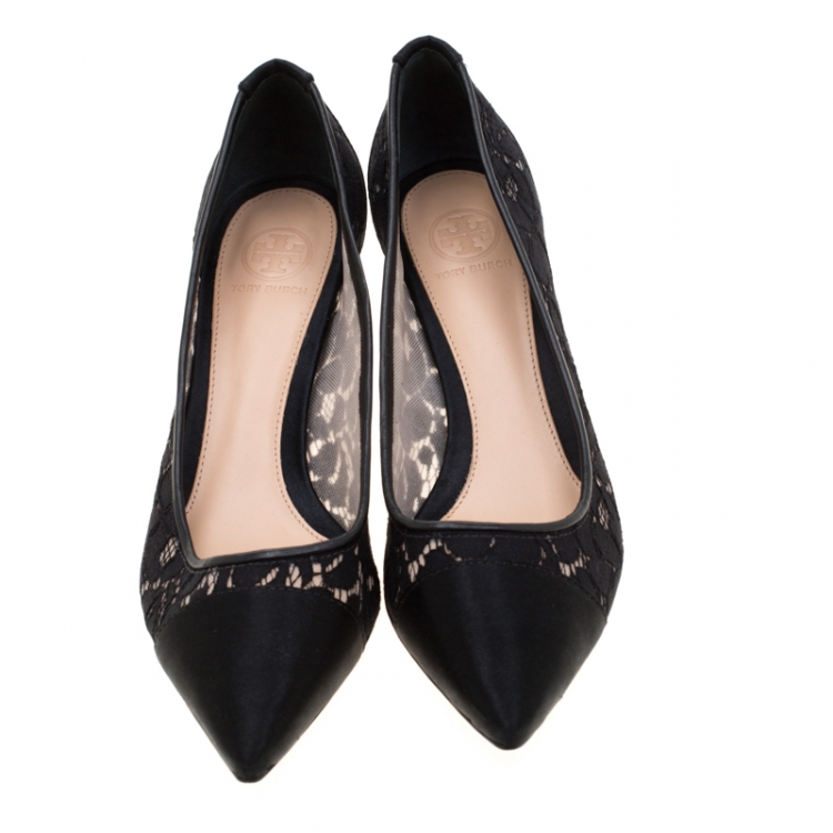 Pre Owned Tory Burch Black Lace And Satin Glenna Pointed Toe Pumps Size 38