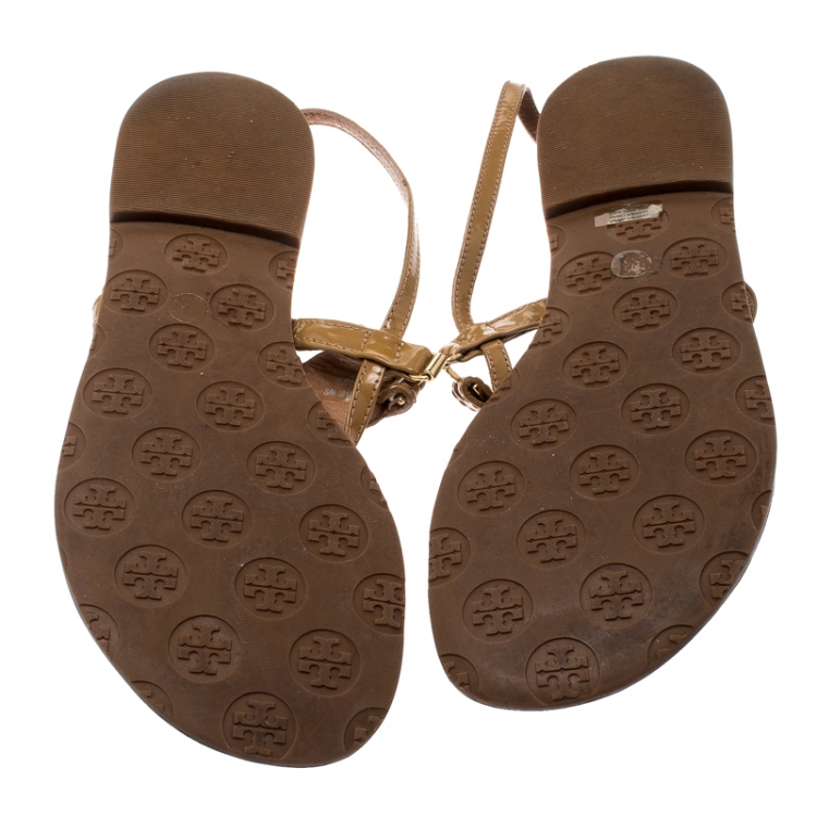 Pre Owned Tory Burch Brown Leather Ankle Strap Flat Sandals Size 39