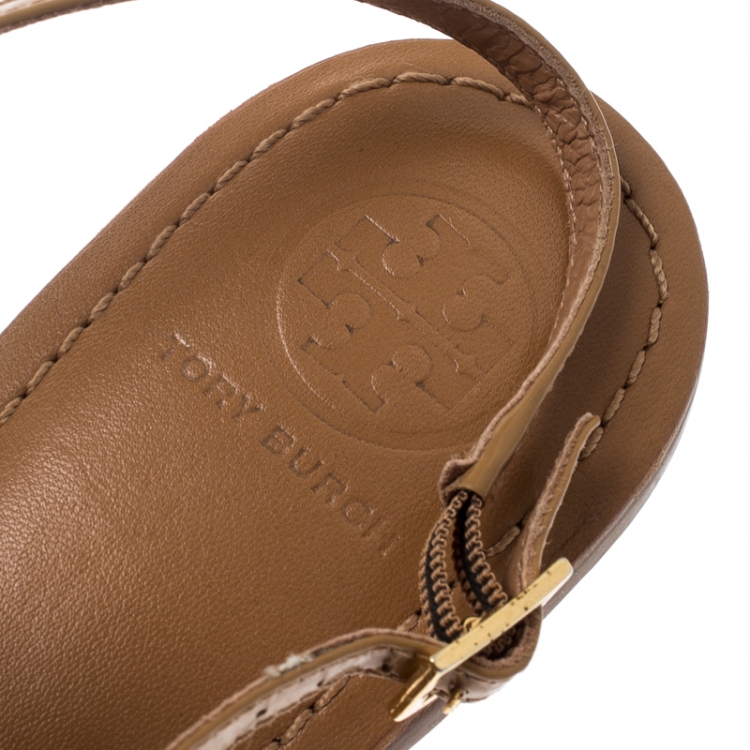 Pre Owned Tory Burch Brown Leather Ankle Strap Flat Sandals Size 39