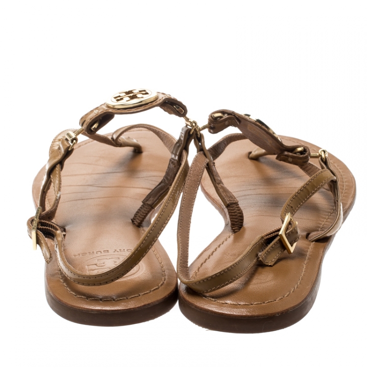 Pre Owned Tory Burch Brown Leather Ankle Strap Flat Sandals Size 39