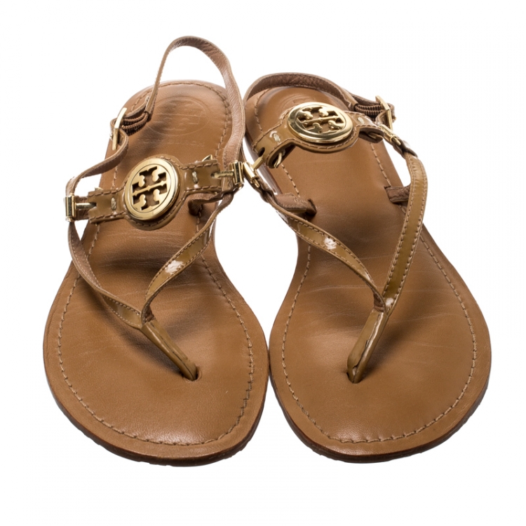 Pre Owned Tory Burch Brown Leather Ankle Strap Flat Sandals Size 39
