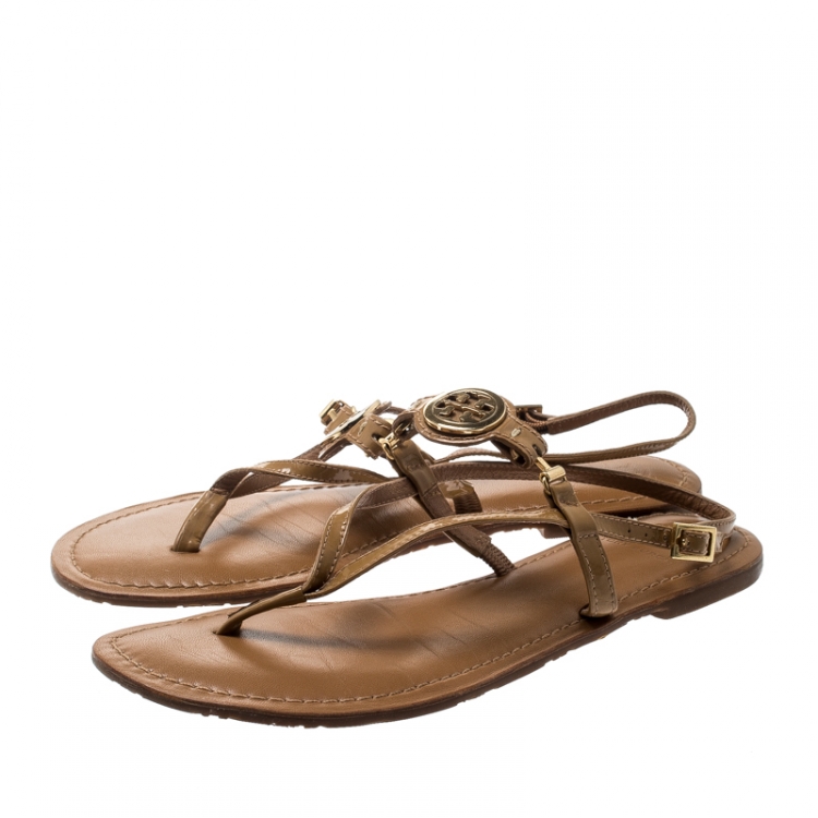 Pre Owned Tory Burch Brown Leather Ankle Strap Flat Sandals Size 39