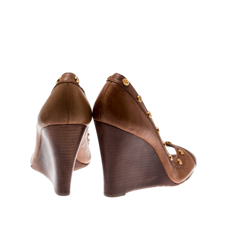 Pre Owned Tory Burch Brown Leather Peep Toe Wedge Pumps Size 39