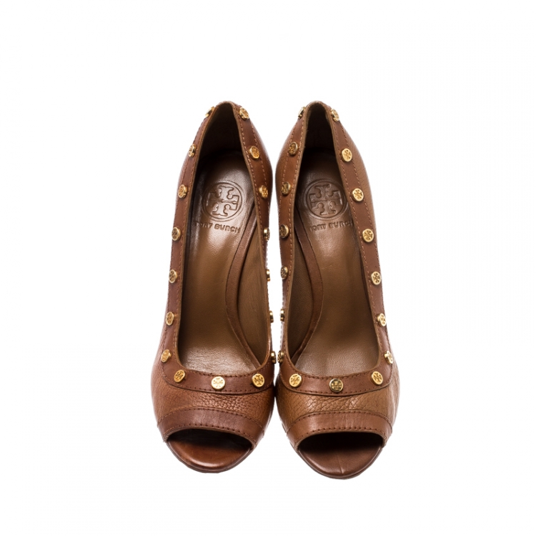 Pre Owned Tory Burch Brown Leather Peep Toe Wedge Pumps Size 39