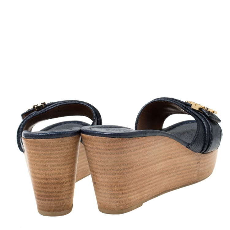 Pre Owned Tory Burch Blue Leather Patti Wedge Platform Sandals Size 37