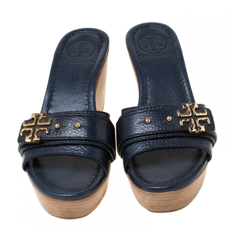 Pre Owned Tory Burch Blue Leather Patti Wedge Platform Sandals Size 37