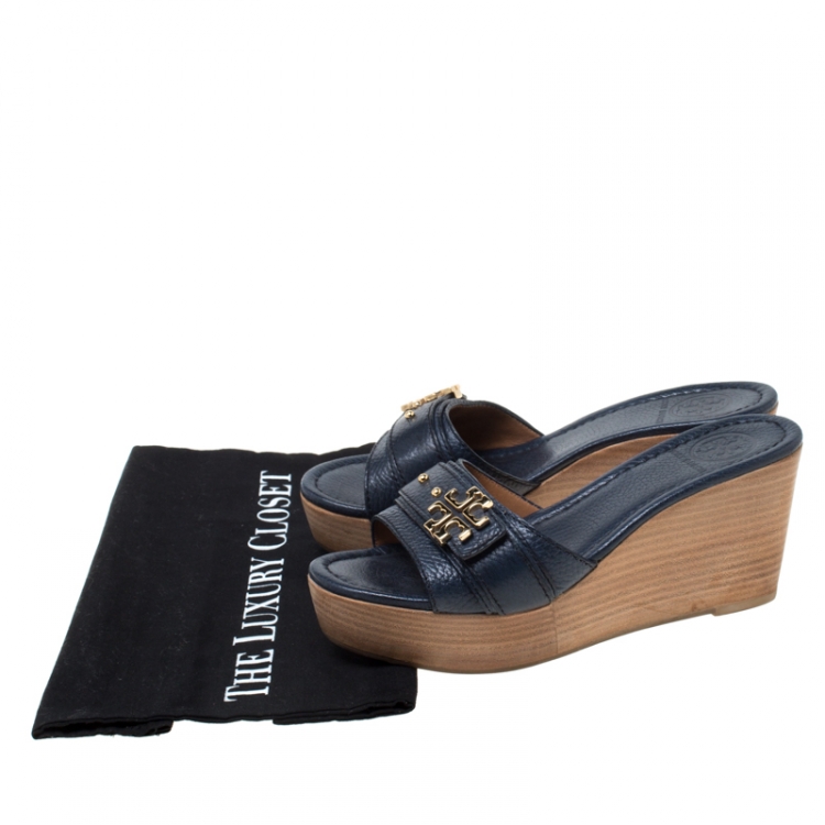 Pre Owned Tory Burch Blue Leather Patti Wedge Platform Sandals Size 37