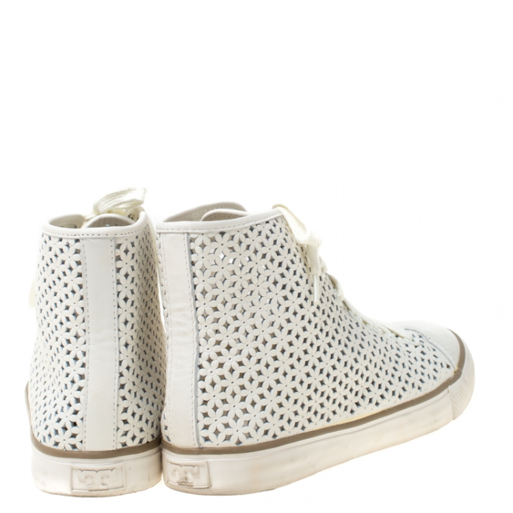 Pre Owned Tory Burch White Flower Perforated Leather High Top Sneakers Size 38.5