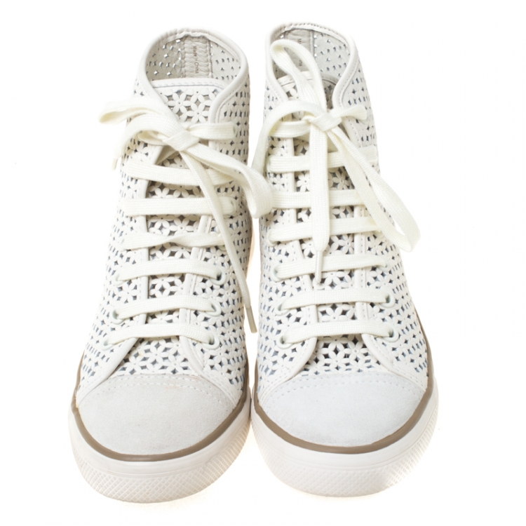 Pre Owned Tory Burch White Flower Perforated Leather High Top Sneakers Size 38.5