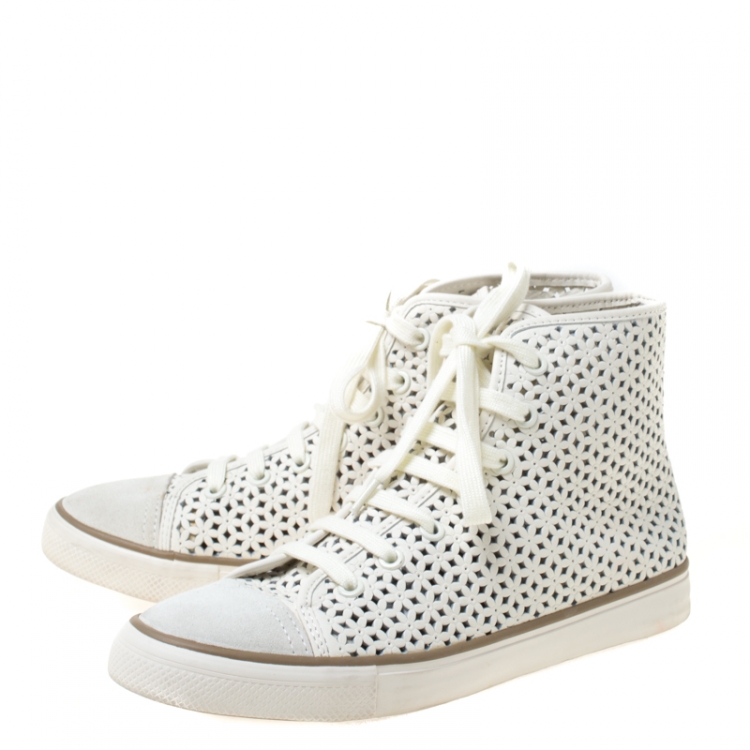 Pre Owned Tory Burch White Flower Perforated Leather High Top Sneakers Size 38.5