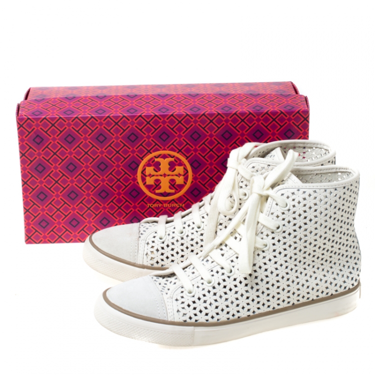 Pre Owned Tory Burch White Flower Perforated Leather High Top Sneakers Size 38.5