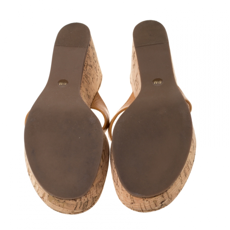 Pre Owned Tory Burch Brown Leather Suzy Thong Wedge Sandals Size 36.5