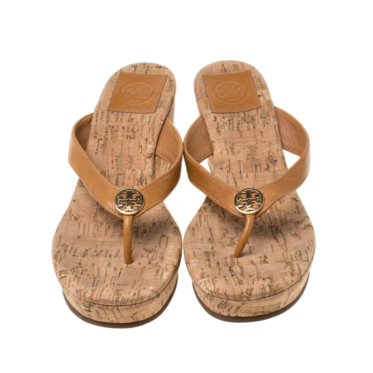 Pre Owned Tory Burch Brown Leather Suzy Thong Wedge Sandals Size 36.5