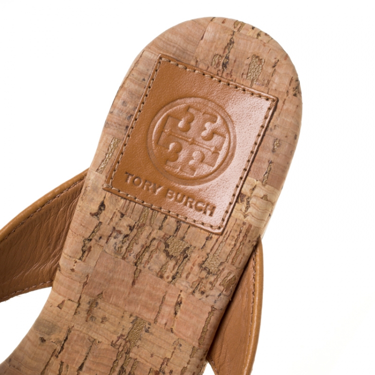 Pre Owned Tory Burch Brown Leather Suzy Thong Wedge Sandals Size 36.5