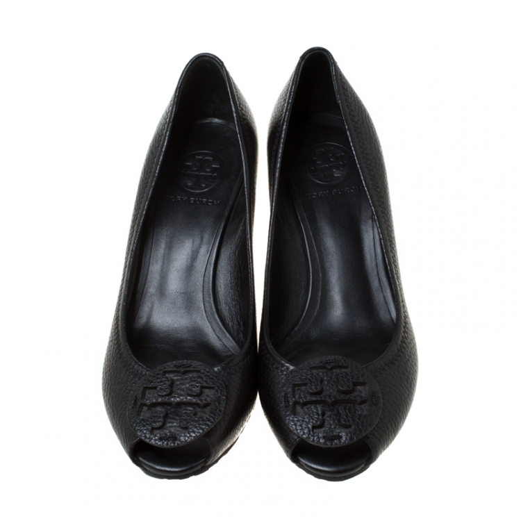 Pre Owned Tory Burch Black Leather Julianne Peep Toe Wedge Pumps Size 37