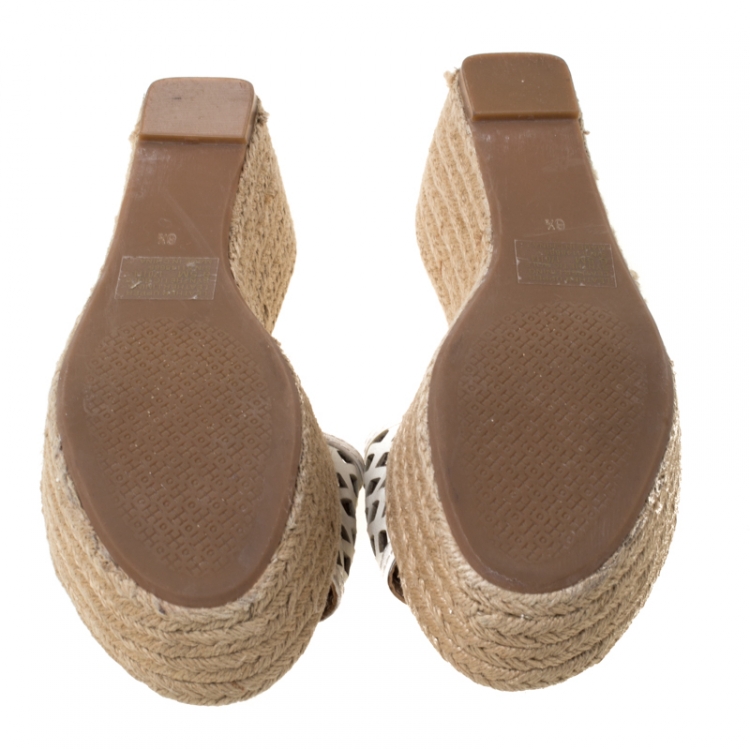Pre Owned Tory Burch White Leather Thatched Platform Wedge Sandals Size 36.5
