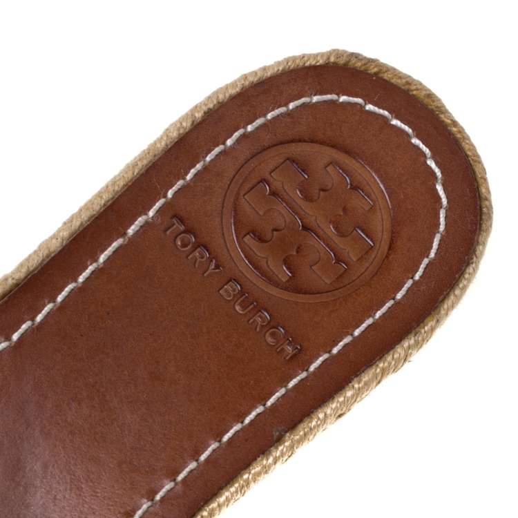 Pre Owned Tory Burch White Leather Thatched Platform Wedge Sandals Size 36.5