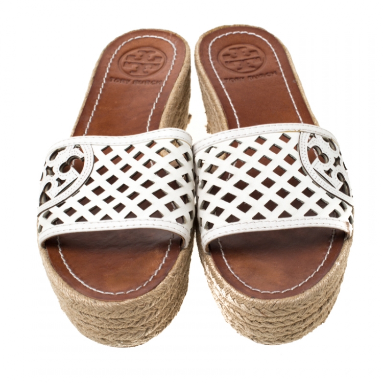Pre Owned Tory Burch White Leather Thatched Platform Wedge Sandals Size 36.5