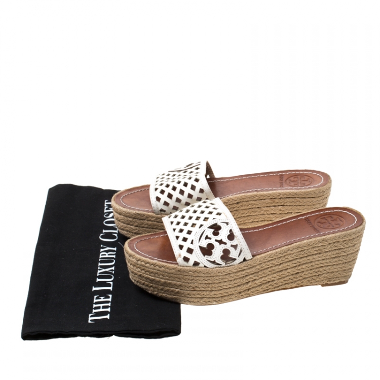 Pre Owned Tory Burch White Leather Thatched Platform Wedge Sandals Size 36.5