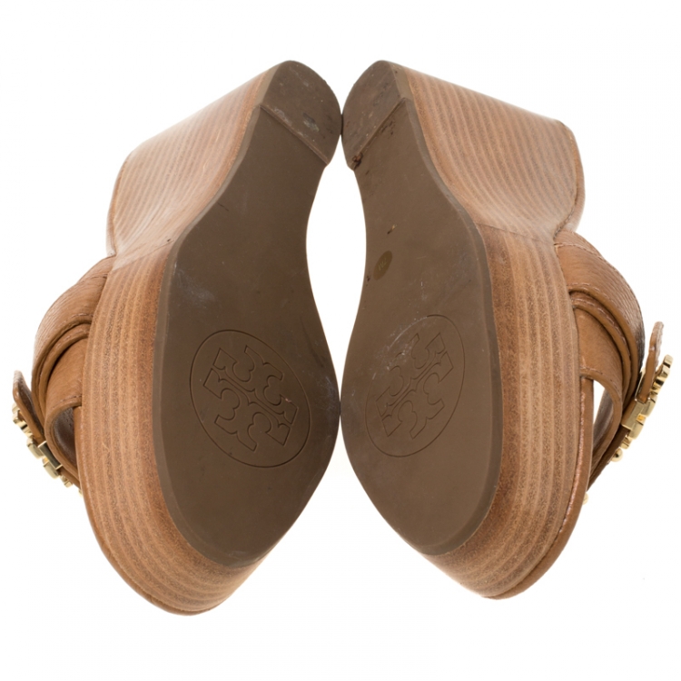 Pre Owned Tory Burch Brown Leather Elina Wedge Platform Sandals Size 37