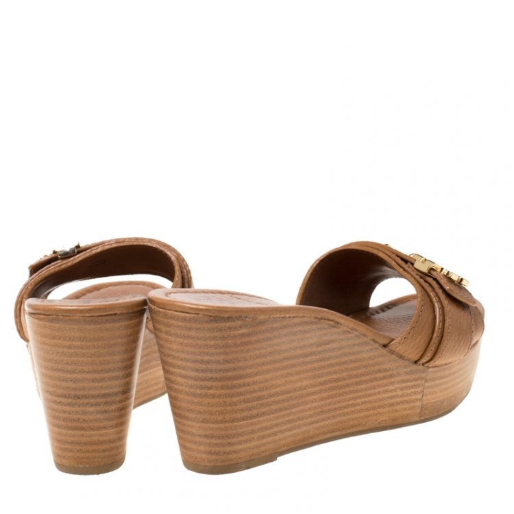 Pre Owned Tory Burch Brown Leather Elina Wedge Platform Sandals Size 37