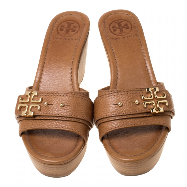 Pre Owned Tory Burch Brown Leather Elina Wedge Platform Sandals Size 37