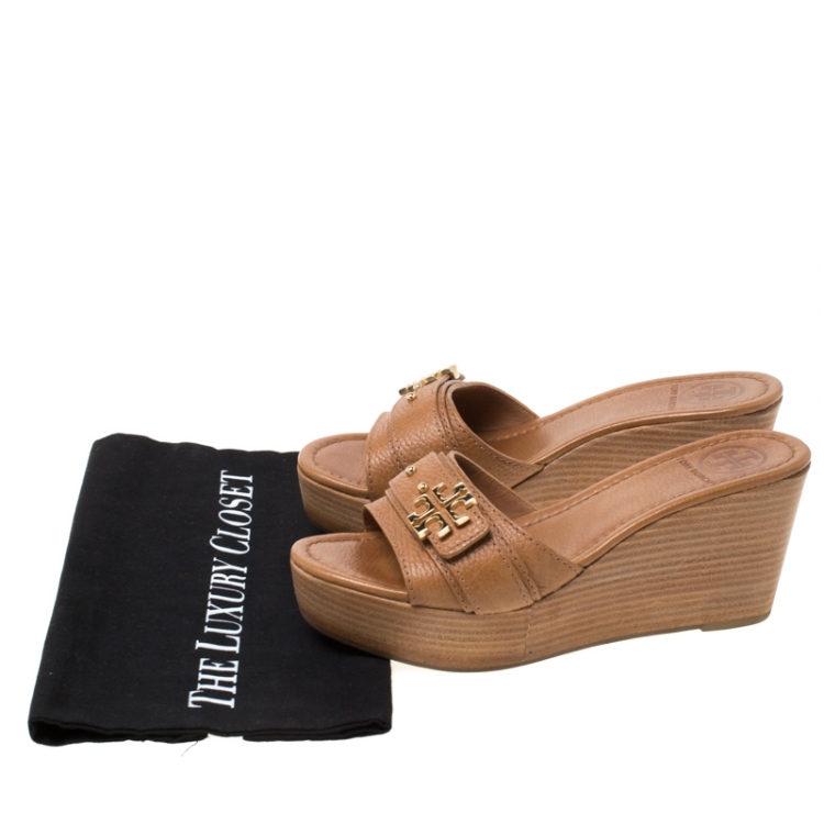 Pre Owned Tory Burch Brown Leather Elina Wedge Platform Sandals Size 37