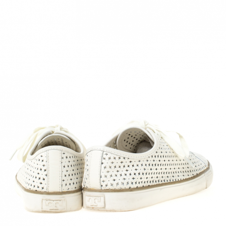 Pre Owned Tory Burch White Perforated Leather Daisy Lace Up Sneakers Size 40