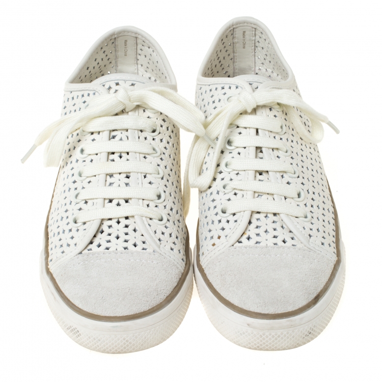 Pre Owned Tory Burch White Perforated Leather Daisy Lace Up Sneakers Size 40
